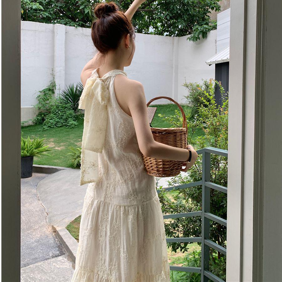 French-Style Summer Chiffon Halter Neck Dress with Embroidered A-Line Skirt