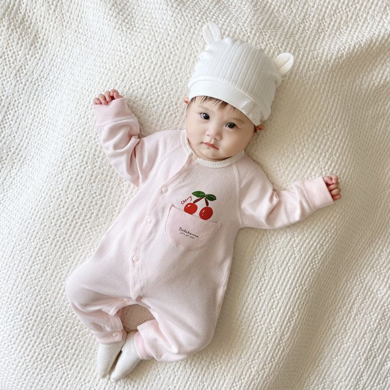 

All-Cotton Baby Jumpsuit for Spring and Autumn, Cartoon Winter Romper with Diagonal Placket, Soft Fleece Long-Sleeve Base Layer Pink Cherry Striped One Piece 90