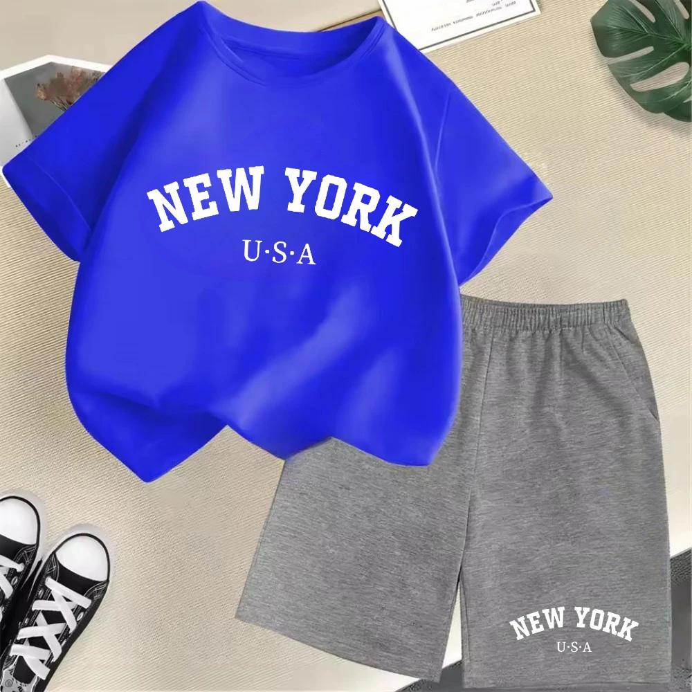 2026 New Kids Boys Girls New York Letter Pattern Polyester T-shirt+Shorts 2-Piece Set Casual Daily