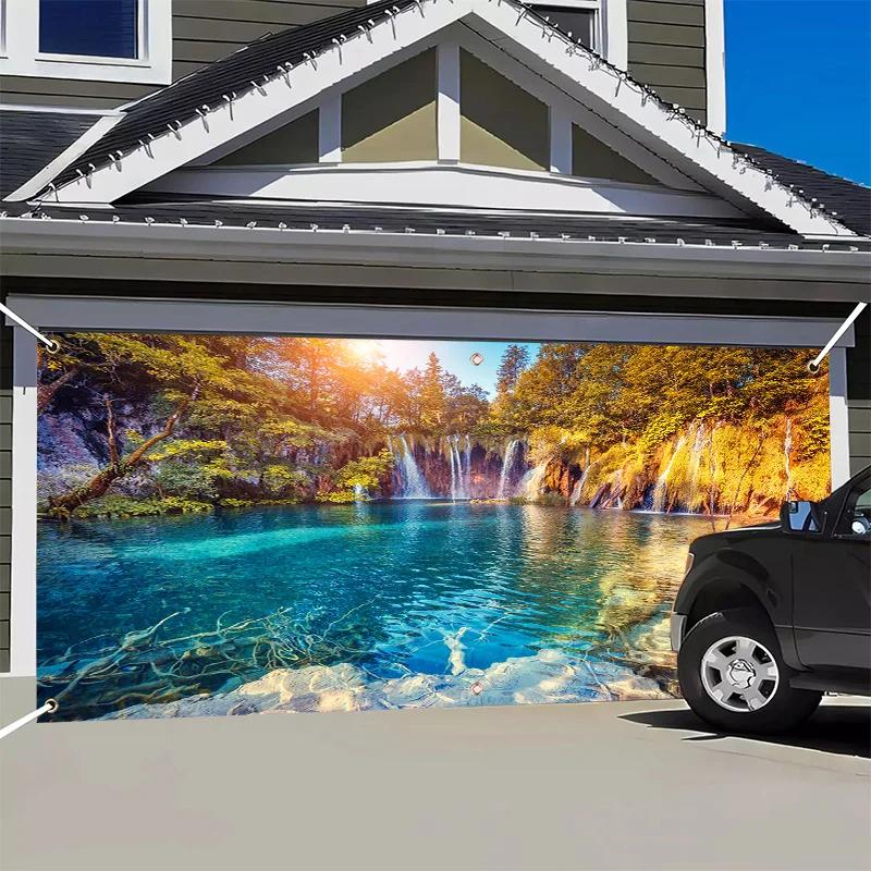 Autumn Scenery Waterfall Print Garage Door Trim Large Outdoor Waterproof Fabric Banner Decoration Suitable for Festivals