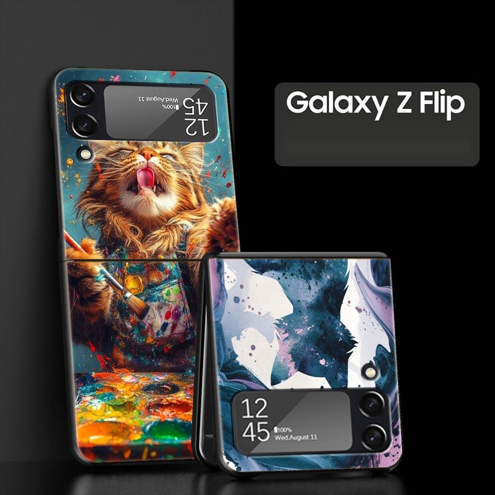 Cute Cat Hard PC Phone Case For Samsung Galaxy Z Flip 7 6 5 4 Black Cover For Galaxy Z Flip 3 Foldable Shell Fundas Capas Coque