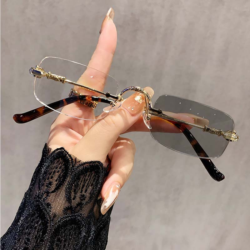 Metal Frameless Photochromic Myopia Glasses Unisex Square Frames Blue Light Protection Minus Diopter Eyeglasses 0 To -4.0
