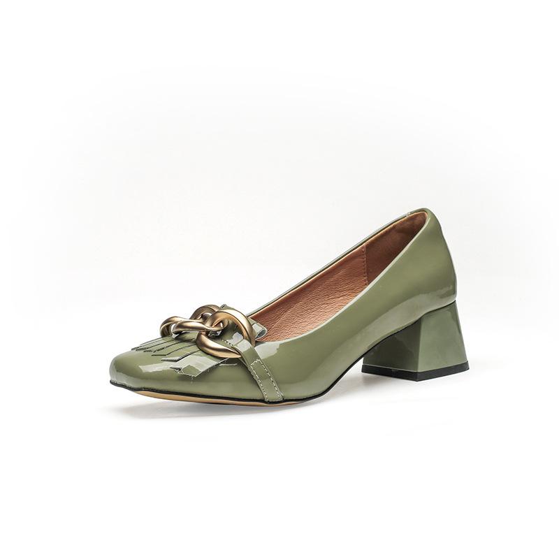 

thick heel medium heel square head light mouth single shoes black patent leather commuter work shoes fringed small leather shoes spring and autumn h 40 зелёный