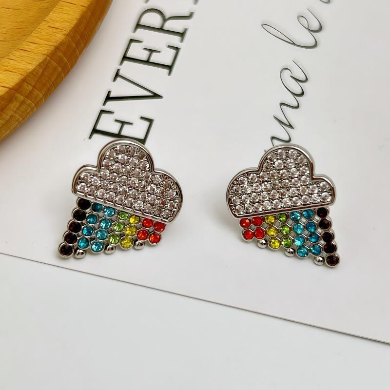 Cloud Shape Colored Diamond Stud Earrings Fashion Creative Fun Rainbow Tassel Raindrop Stud Earrings Elegant Temperament Earrings