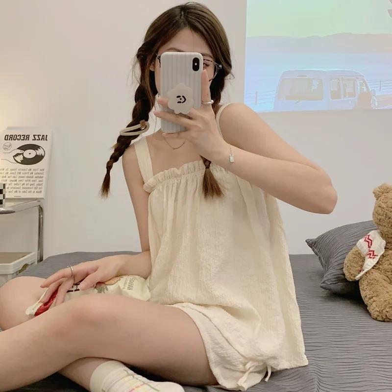 Pajama Women's Summer Two Pieces Short Pajamas Suspenders Thin Sweet Cute Gilrs Homewear with Sleeveless Loose Soft Home Clothing