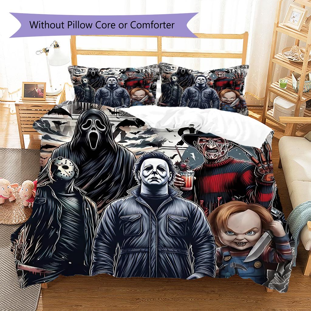 Horror Killer Pattern Bedding Quilt Set Quilt Cover Pillowcase Home Decoration Gift (1 * Duvet Cover + 2 * Pillowcase, Without Core)