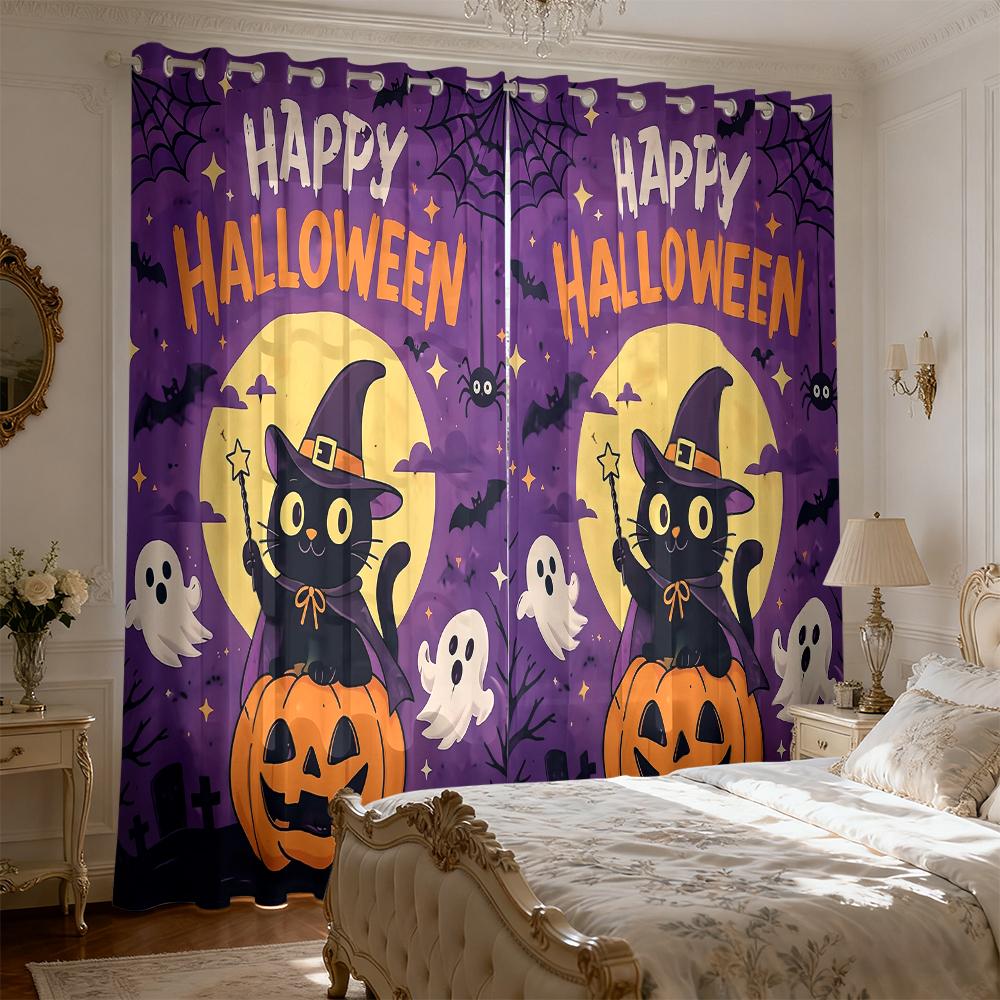 2pcs Halloween black cat pumpkin ghost print curtains holes light blocking living rooms bedrooms home decorations