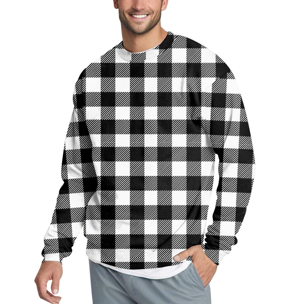 Men's Casual Fashion Comfortable Plaid Round Neck Pullover Sweatshirt Sweatshirt
