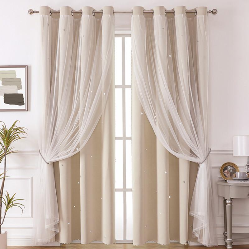 Lace Sheer+Blackout Curtains Double Layer Star-Pattern Drapes Sun Filtering Window Sheers Elegant Living Room Bedroom Decor