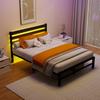 140x200cm Metal Bed Frame with Headboard, USB Charging Station, LED, Strong Steel Slat Support, Under Bed Storage, No Box Spring Required, Assembly