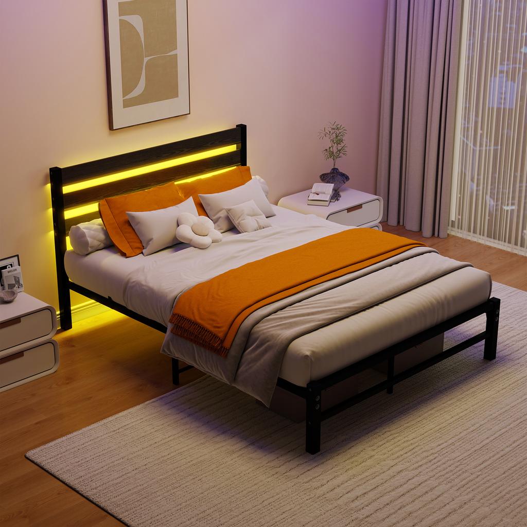 140x200cm Metal Bed Frame with Headboard, USB Charging Station, LED, Strong Steel Slat Support, Under Bed Storage, No Box Spring Required, Assembly