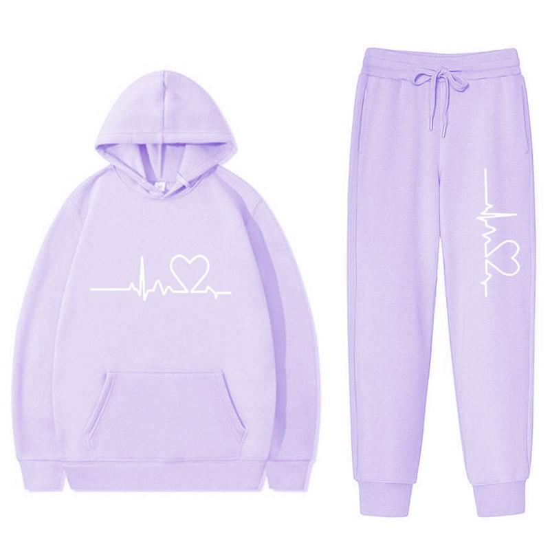Unisex Oversized Hooded Sweatshirt Set With Heart Print Fleece Lined Casual Sportswear Fall
