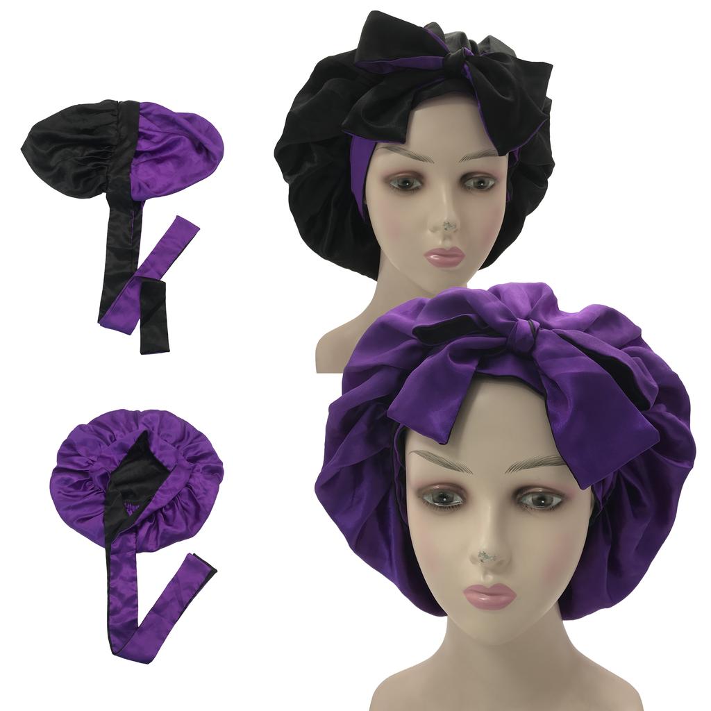 Fashion Kids and Adults Size Satin Silk Bonnet Reversible Long Band Head Ties Bonnet with Custom Logo