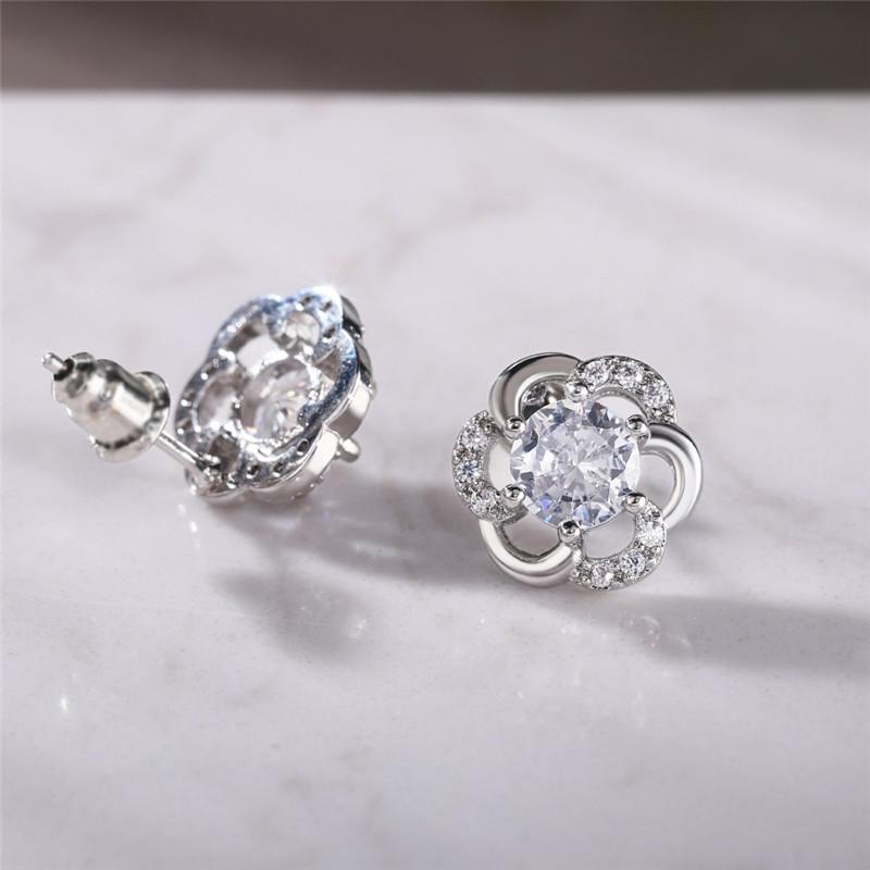 New Silver Color Flower Earrings for Women Inlaid Shiny White Cubic Zirconia Romantic Bride Wedding Ear Stud Fashion Jewelry