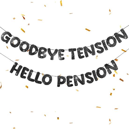 Retirement Banner Pre-Strung GOODBYE TENSION HELLO PENSION Banner Glitter Retirement Party Supplies Decorations for Women Men Office Home Decor