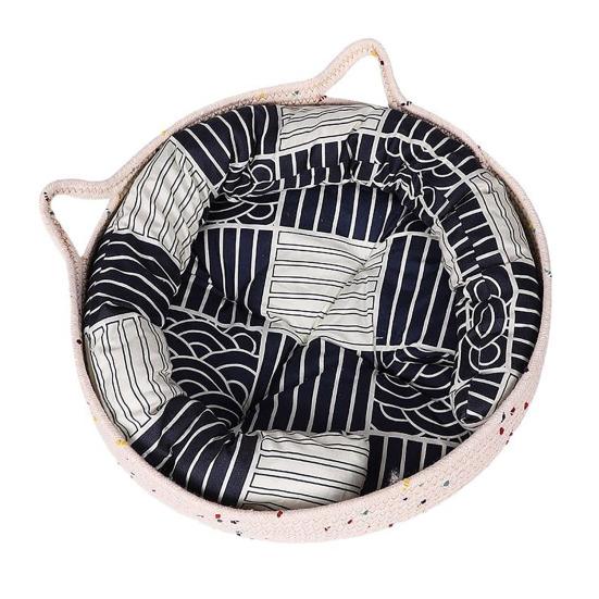 Cat Basket Bed with Cushion Cat Ear Cotton Rope Woven Pet Bed Breathable Cat Basket for Indoor Cats All Season Use