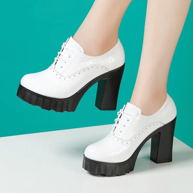 10cm Small Size 32-43 British Deep Mouth Platform Shoes Brogues Fall 2025 Block High Heels Shoes Genuine Leather Shoes Office