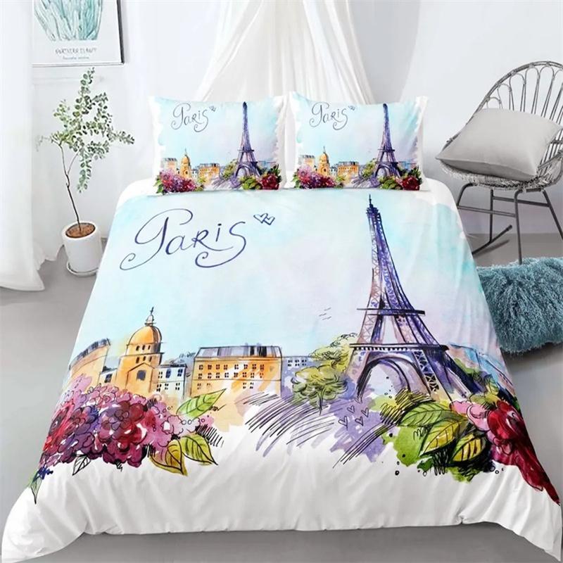 Paris Tower Duvet Cover Famous Buildings In France for Women Men Adults Pink Romantic Bedroom Decoration Polyester Quilt Cover