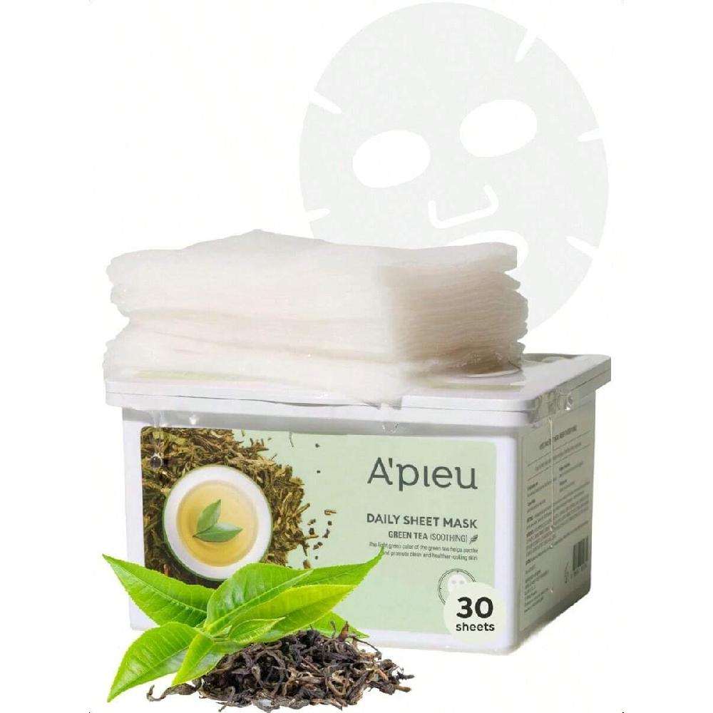 

A pieu Ежедневная тканевая маска Зеленый чай 30 шт. Запас на день Для превосходного комфорта Пропитана эссенцией с экстрактом зеленого чая Увлажняющая Успокаивающая Богатая антиоксидантами