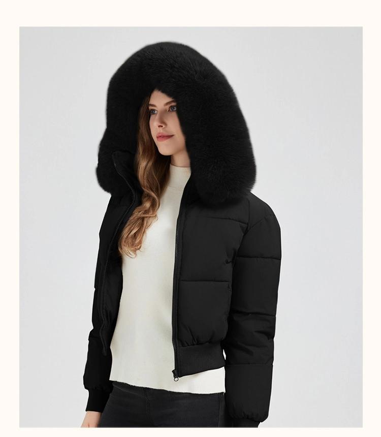 Dam Varm Pufferjacka med Stor Päls Krage Kort Förtjockad Huva Liten Dunjacka