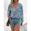 Women V Neck Boho Paisley Print Long Sleeve Blouse Multi Color Ethnic Loose Fit Summer Vacation Casual Top