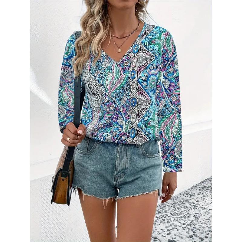 Women V Neck Boho Paisley Print Long Sleeve Blouse Multi Color Ethnic Loose Fit Summer Vacation Casual Top