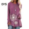 Women's Plus Size Tunic Top Dandelion Print Longline Shirt Crew Neck Long Sleeve Pullover Tee Casual Loose Fit Blouse for Work Daily Life
