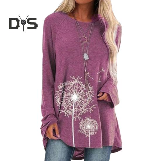 Women's Plus Size Tunic Top Dandelion Print Longline Shirt Crew Neck Long Sleeve Pullover Tee Casual Loose Fit Blouse for Work Daily Life
