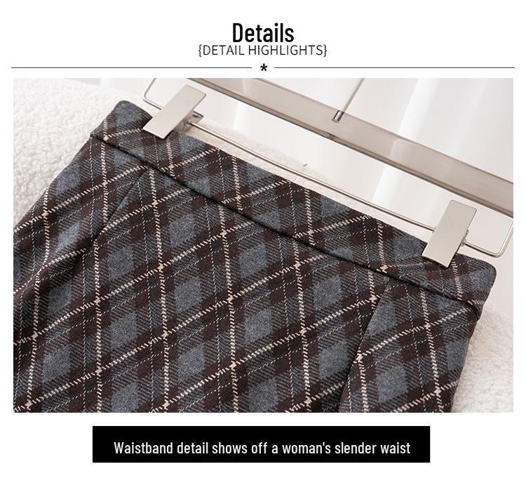 Women's Flocked Plaid Skirt 2026: Winter Elastic High Waist A-line Hip-Covering Skirt