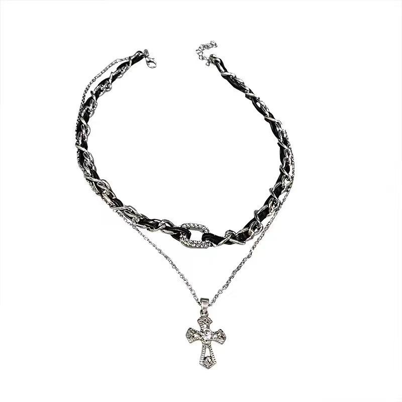 

Design cross double stacked necklace Spice girl style pu leather woven collar autumn and winter sweater chain