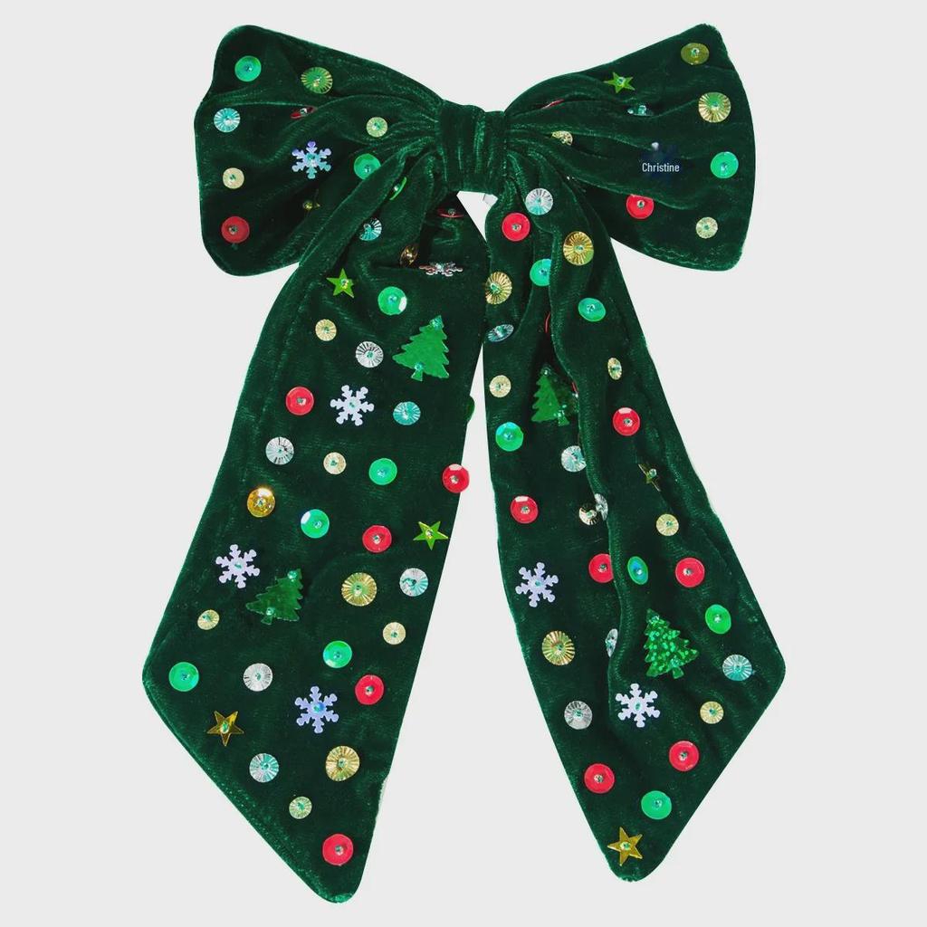 Heming's Christmas Hairpin: Bow with Star, Snowflake, and Tree Sequins - Holiday Party Accessory