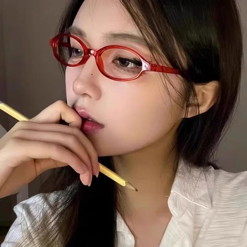 Women Retro Oval Glasses Y2K Japanese and Korean Girls Red Green Frame Glass Eyewear Decorative Computer Anti-blue Eyeglasses
