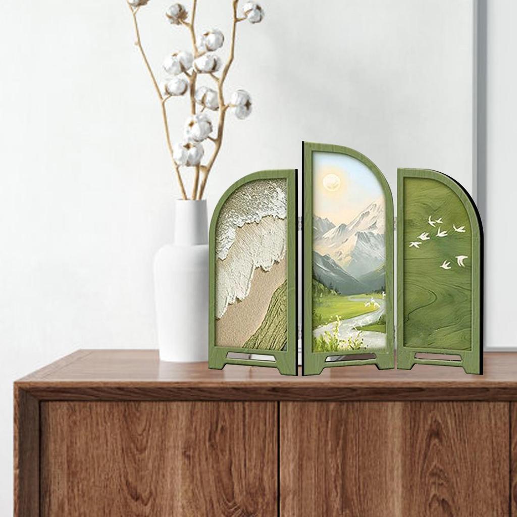 Paravan Pliabil din Lemn și Porțelan Lucrat Manual 3 Panouri Paravan de Cameră Miniatură Decor Oriental pentru