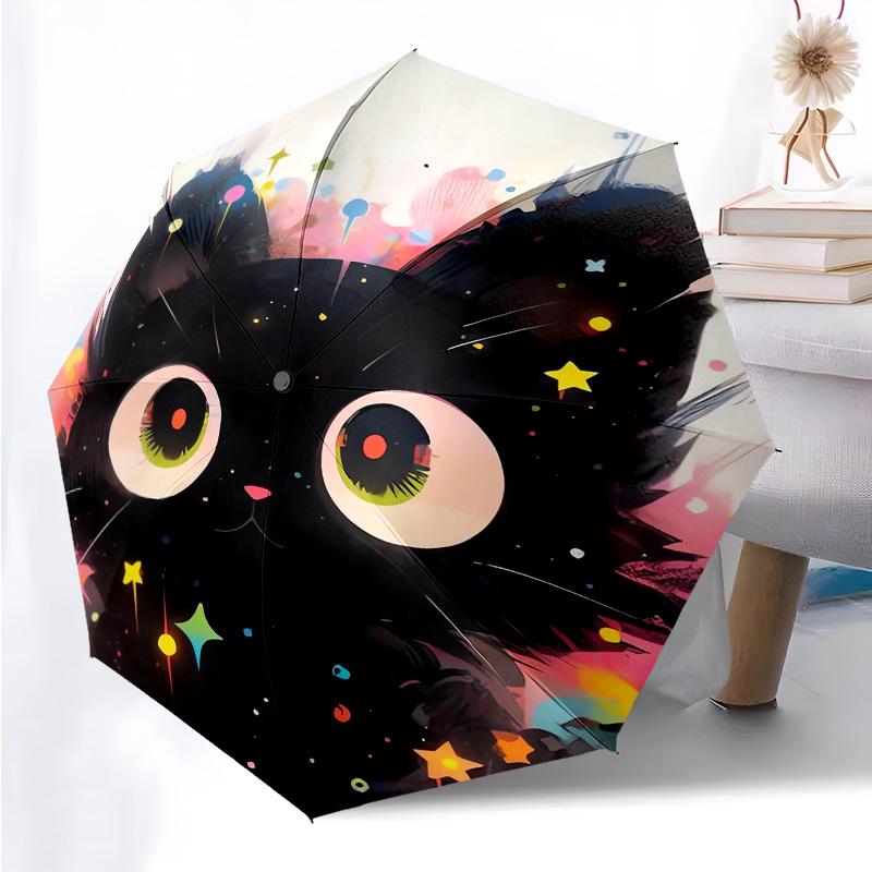 

Cute Black Cat Painting Folding Umbrella Fashion Auto-Open 8 Iron Ribs Plastic Handle Foldable Sunshade Perfect Christmas Gifts
