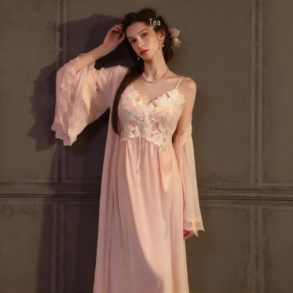 French Romantic Lace Nightgown & Silk Robe Set - High-End Elegant Homewear