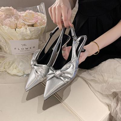 2025Luxury Pointy  Women's Bowknot Slingback Kitten Heels Black Pointed Toe Satin Slip On Low Heels Casual Dress Shoes