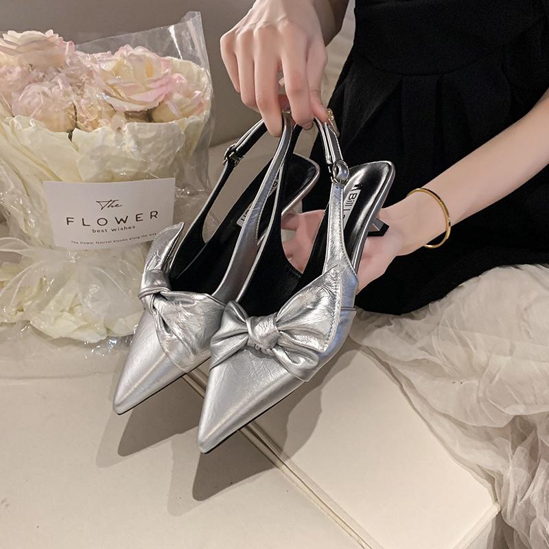 2025Luxury Pointy  Women's Bowknot Slingback Kitten Heels Black Pointed Toe Satin Slip On Low Heels Casual Dress Shoes