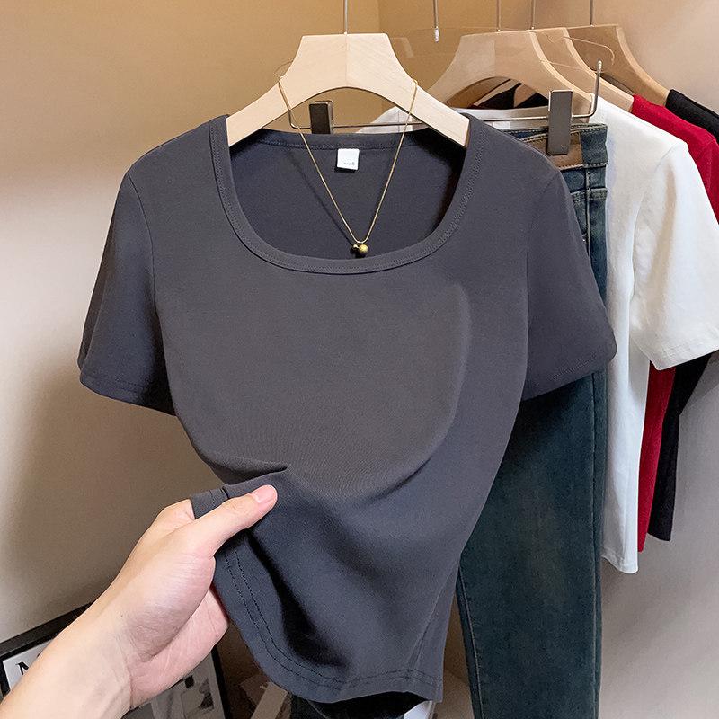 Plus Size French Style Square Neck Women's T-shirt - Tummy Concealing, Slimming Summer Short Sleeve Top