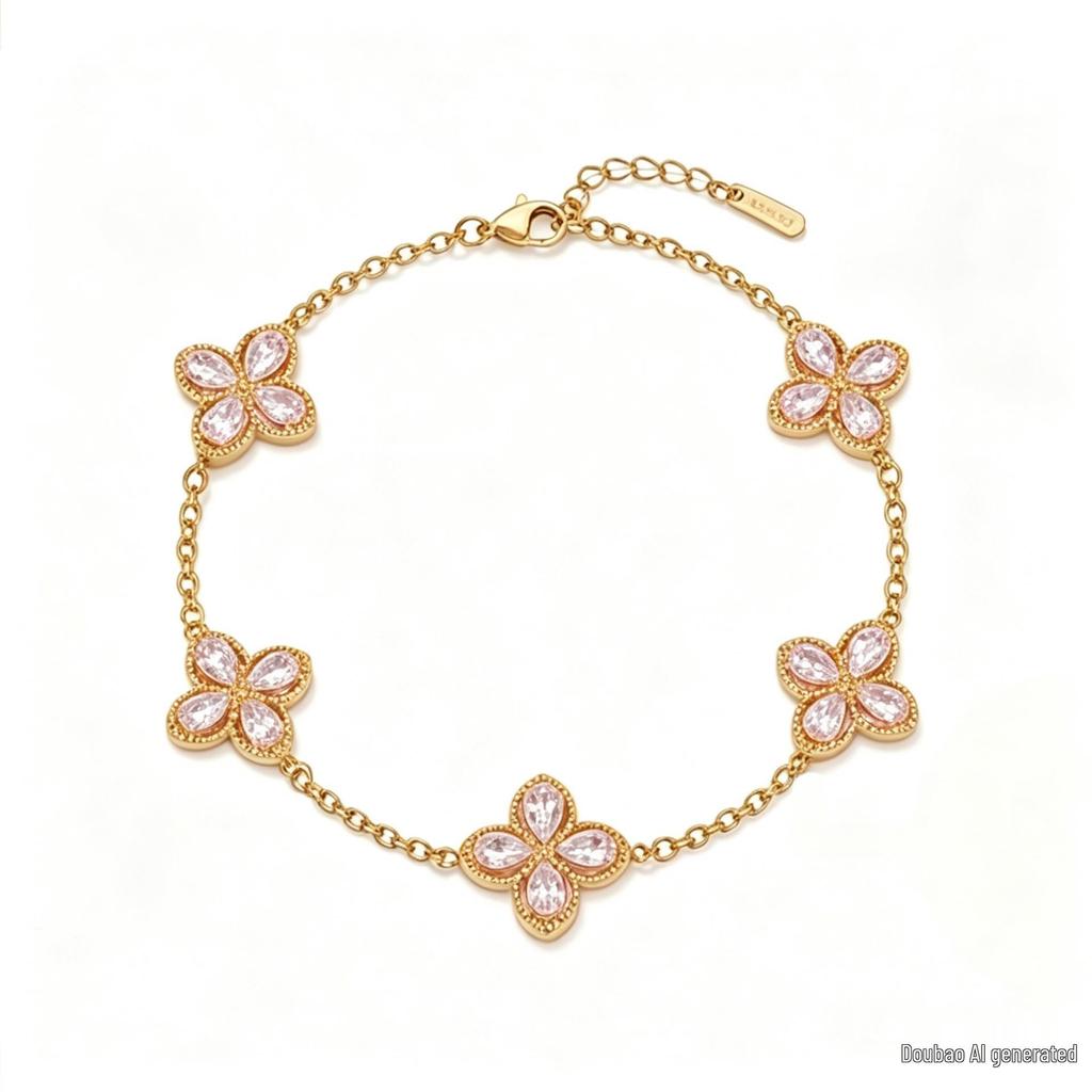 Luxury Zircon Four-Leaf Clover Bracelet with Water Drop Diamond in Titanium Steel