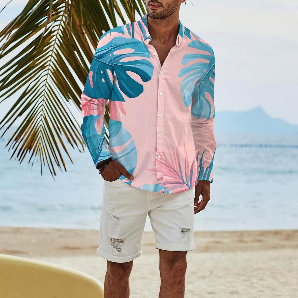 Men's Fashion Long Sleeve Printed Casual T Shirt Button Regular Fit Shirt Top
