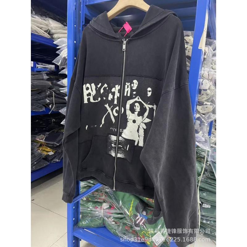 Mens Oversized Hooded Zip-Up Sweatshirt With Graphic Print Cotton Blend Fall Winter Streetwear