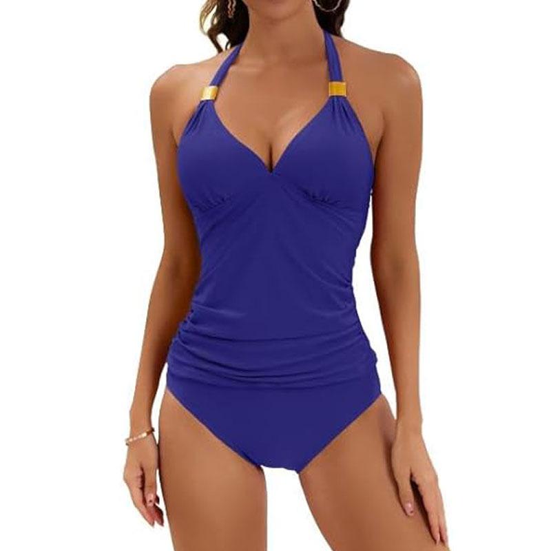 2026 Women's Solid Color Halter Neck Lace-Up Two-Piece Bikini Set