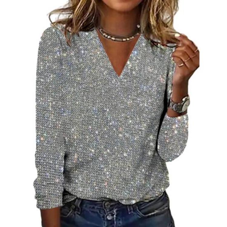 Breathable Premium Blouse Soft Long Sleeve V Neck Loose Women Shirt Daily Party Club Commute Sequin Lady Pullover