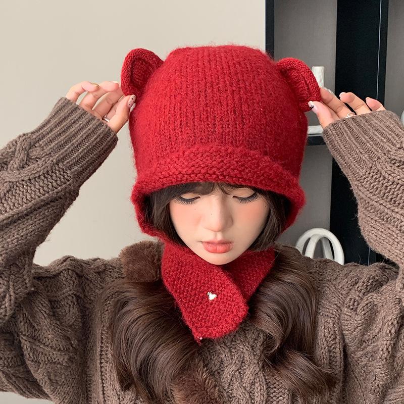 2026 autumn and winter new wool hat female cute bear ear protection cycling warm knitted scarf scarf integrated