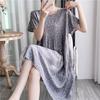 Cotton and silk nightgown women's summer thin short-sleeved cartoon printed pajamas can be worn outside long large size loose knee pajamas