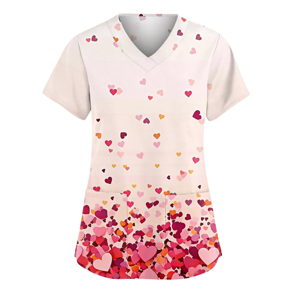 Women V Neck Short Sleeve Printed Heart Pattern Top Casual Loose Fit Pullover Blouse Tunic Shirt For Daily Wear