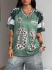 Damen Sommer Ausgehen Streetwear Y2K Leopardenmuster Nummer Grafik Fußballtrikot V-Ausschnitt Grünes Trikot T-Shirt, Sommer Oberteil
