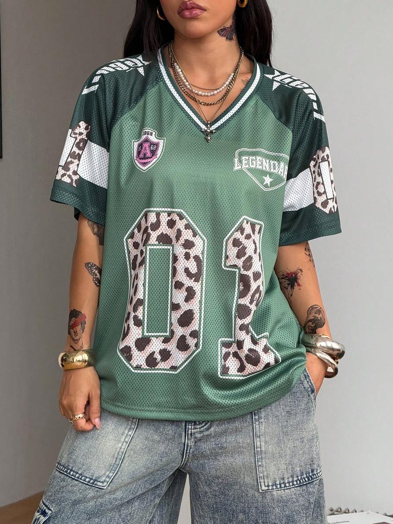 Damen Sommer Ausgehen Streetwear Y2K Leopardenmuster Nummer Grafik Fußballtrikot V-Ausschnitt Grünes Trikot T-Shirt, Sommer Oberteil