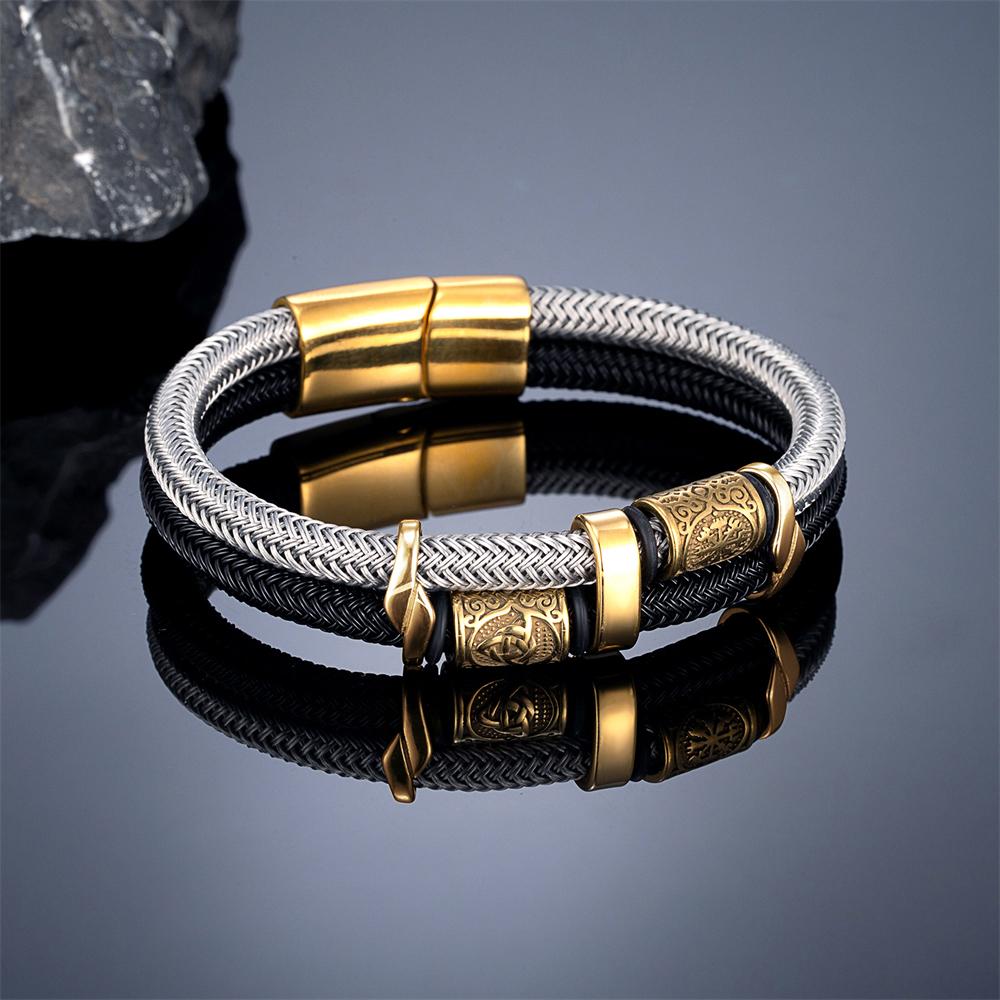 Vikings Runes Double Layer Steel Wire Rope Bracelet Norse Gold Stainless Steel Wristband Luxury Jewelry for Men