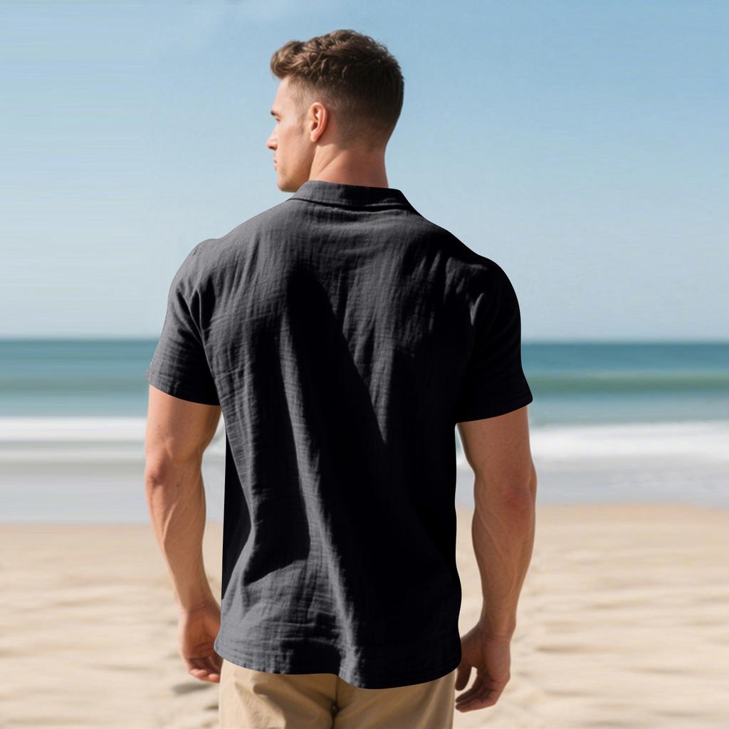 Men's Short-sleeved Shirt  Linen Loose Fit  Casual Collar  Men's T-shirt